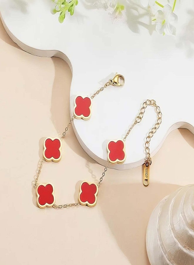 Chiorgone Four-Leaf Clover Bracelet for Women - 18K Gold Plated Titanium Steel Lucky Charm Adjustable Jewelry (Red) - Image 4